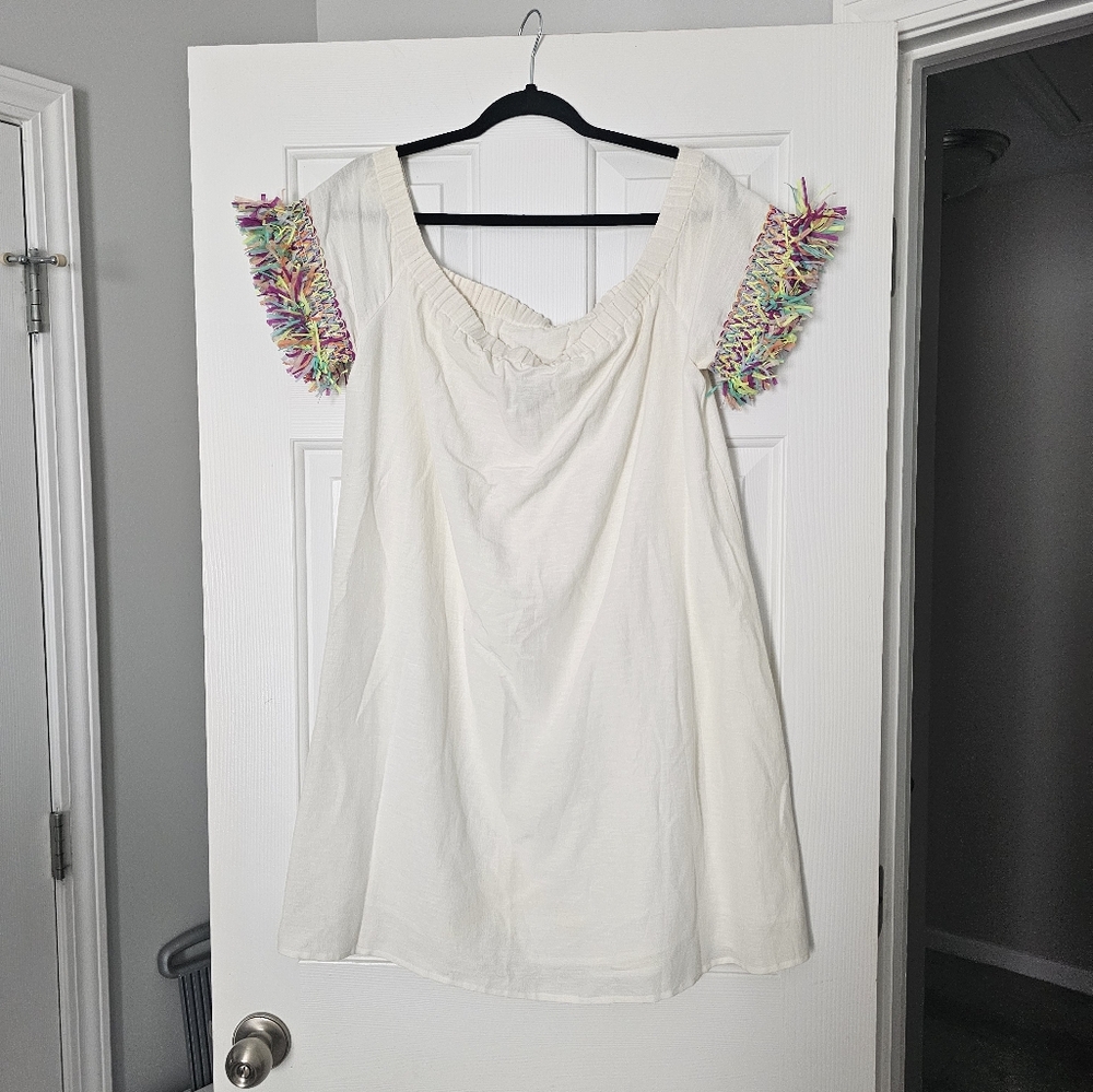 Buckley K White Dress with Colorful Fringe Sleeves Size M